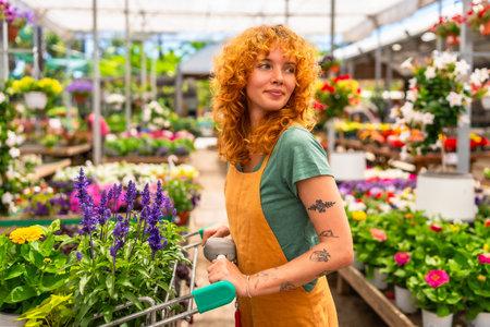 Young woman pushing a shopping cart while selecting vibrant flowers in a garden center greenhouse, enjoying a colorful spring dayの写真素材