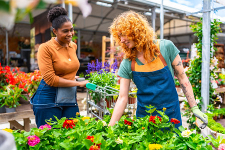 Two young women working in a garden center taking care of colorful flowers and helping customersの写真素材