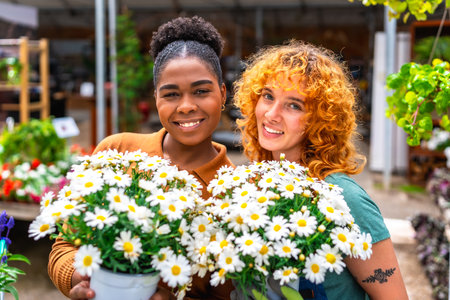 Two happy multi ethnic female garden center workers holding pots of white daisies smiling at the cameraの写真素材