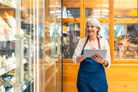 Senior saleswoman wearing apron using digital tablet checking stock availability, working in...