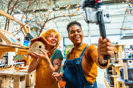 Two cheerful female shop assistants filming a vibrant video for social media while showcasing a...