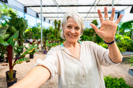 Happy gardener waving at the camera while taking a selfie, surrounded by plants in a greenhouse, enjoying her workの写真素材