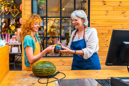 Happy customer paying with contactless credit card for a melon at a flower shop counter, small...