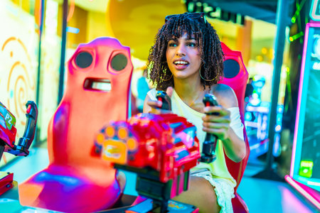 Young woman enjoying an exciting moment while playing a vibrant car racing arcade game in a bustling shopping mallの写真素材