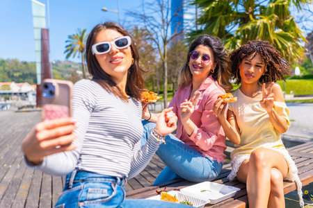 Three happy women taking a selfie while eating pizza on a bench in the city during a sunny dayの写真素材