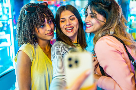 Three cheerful young women enjoying a fun moment together, taking a selfie with a smartphone in a vibrant amusement arcade at nightの写真素材