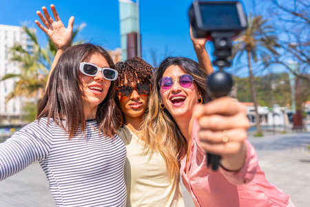 Three cheerful women holding action camera and waving at camera while vlogging their summer vacation in a sunny cityの写真素材