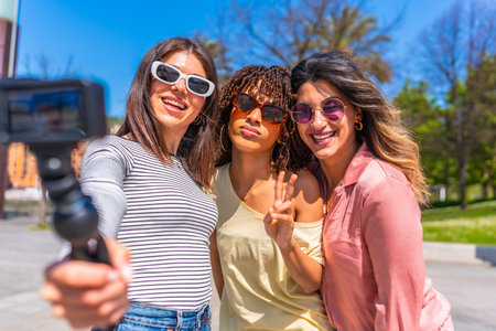 Three joyful women enjoying a sunny day, taking a selfie with an action camera while bonding during their summer vacation in the city parkの写真素材