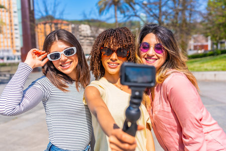 Multi ethnic women enjoying summer urban vacation, using action camera to film themselves, capturing joyful moments and memories togetherの写真素材
