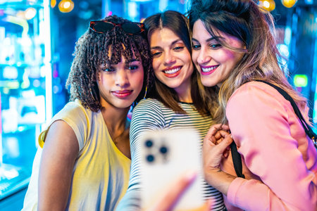 Three cheerful female friends are taking a selfie with a smartphone in a vibrant, illuminated urban setting, possibly an arcade or entertainment venue, enjoying their evening outの写真素材