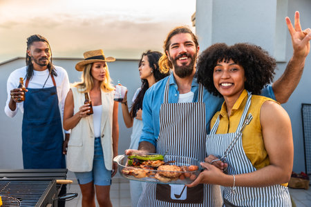Chefs celebrating with friends on a rooftop, grilling delicious food, enjoying drinks, and sharing laughter during a vibrant summer eveningの写真素材