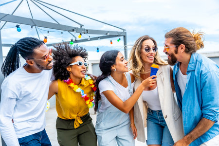 Five cheerful friends singing karaoke, holding a microphone and enjoying a rooftop party during summertimeの写真素材