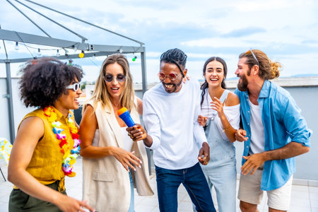 Diverse group of friends enjoying a lively karaoke session, singing, dancing, and celebrating together at a vibrant rooftop partyの写真素材