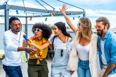 Group of diverse friends celebrating on a rooftop, singing karaoke, dancing joyfully, and enjoying a vibrant summer party togetherの写真素材