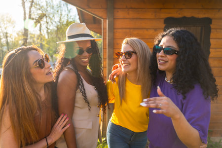 Four women wearing sunglasses are enjoying a conversation outdoors, embracing the summer vibes with smiles and laughterの写真素材