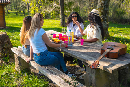 Four young women are having a picnic on a wooden table, with wine, fruit, and a guitar, enjoying the sunny day in a parkの写真素材