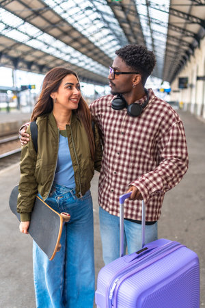 Happy multi ethnic couple walking together on platform while waiting for train, embracing and carrying luggage and skateboardの写真素材