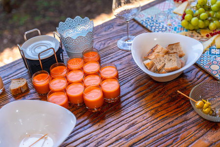 Elegant wedding reception setup featuring appetizers, vibrant decor, and rustic wooden table,...