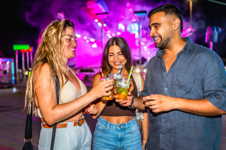 Three happy friends toasting non alcoholic drinks at night in amusement park, having fun together
