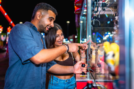 Happy couple enjoying a night out, playing a claw crane game at an amusement park, trying their luck...