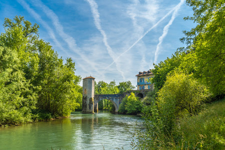Scenic view of the historic stone bridge spanning the Gave d'Oloron river, with lush greenery and a...