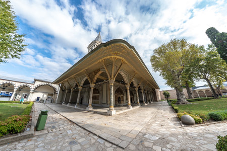 Wide angle view of the decorated audience chamber and the tower of justice, inside the Topkapi Palace Museum in Istanbul, Turkeyの写真素材