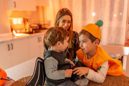 Two young brothers wearing halloween costumes playing together at home, watched by their smiling motherの写真素材