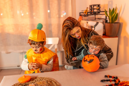 Mother and children wearing halloween costumes are sitting at a table at home, playing with pumpkin decorations and candiesの写真素材