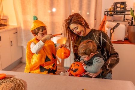 Children and mother painting halloween pumpkins, wearing costumes, and making decorations at homeの写真素材