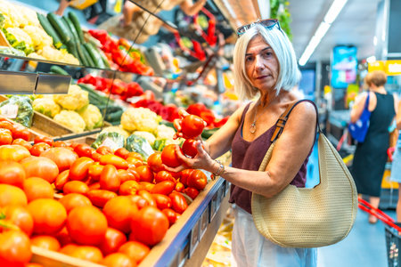 Mature woman choosing ripe tomatoes in a vibrant grocery store produce aisle, surrounded by an array of fresh vegetables and colorful produceの写真素材