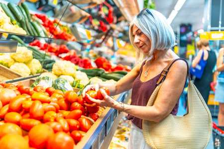 Senior woman carefully selecting fresh tomatoes from a vibrant display in a supermarket's produce section, surrounded by colorful vegetablesの写真素材