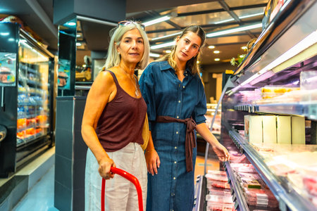 Two women shopping for groceries are choosing meat products from refrigerated section of a supermarketの写真素材