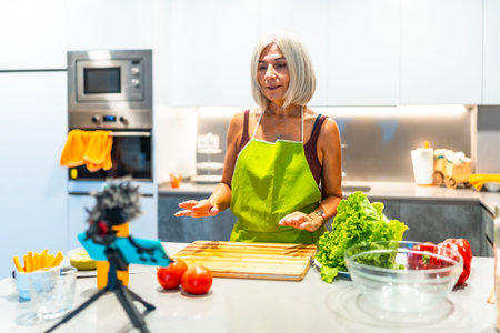 Mature woman in a green apron records a cooking tutorial in a modern kitchen, surrounded by fresh vegetables and kitchen gadgetsの写真素材