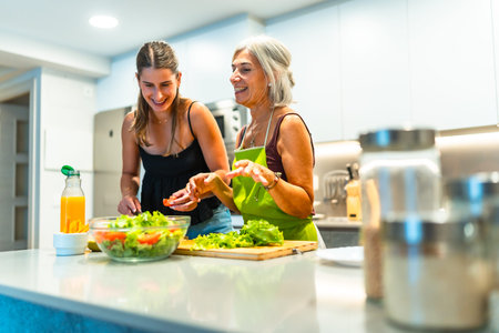 Older and younger women enjoying time in a modern kitchen, preparing a fresh salad. Laughter and joy highlight their shared culinary experienceの写真素材