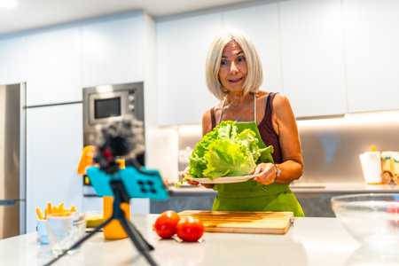 Senior woman creating a cooking video, holding fresh lettuce and surrounded by vegetables in a contemporary kitchen setupの写真素材