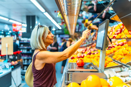 Senior woman using a digital weight scale to weigh fresh fruits at the supermarket, selecting her groceries for a healthy dietの写真素材