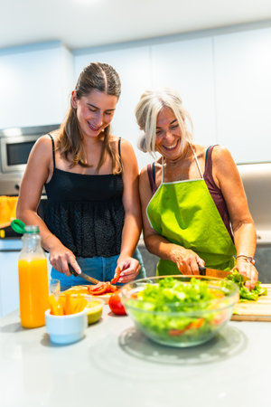 Smiling mother and daughter preparing a fresh salad together in a modern kitchen, highlighting family bonding and healthy lifestyle choicesの写真素材
