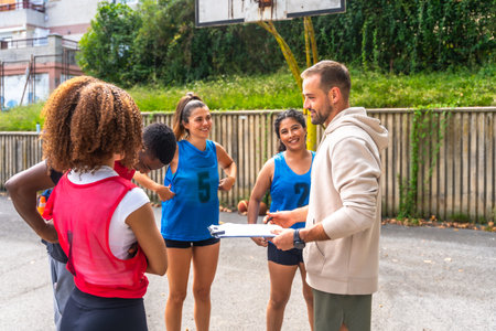Basketball coach holding clipboard and giving instructions to a diverse group of female players during training on an outdoor court, promoting teamwork, sportsmanship, and athletic developmentの写真素材