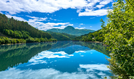 Tranquil Ibiur reservoir mirrors the picturesque landscape of lush green hills and vibrant blue sky...