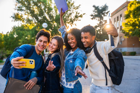 Diverse group of happy young students smiling and waving while taking a selfie together at a...