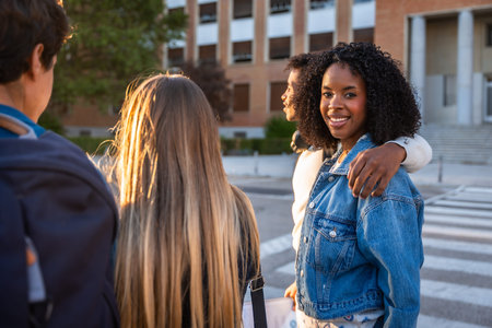 Diverse group of young students smiling and walking on a university campus during sunset,...