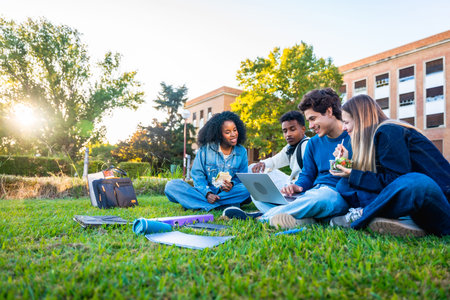Group of multiethnic university students sitting on green grass, studying and discussing coursework...
