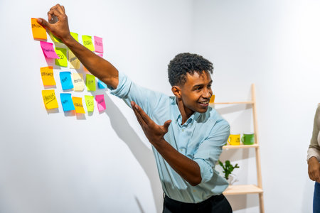 Young black man smiling and brainstorming, placing colorful sticky notes with business related words on a white wall, organizing concepts for a project or strategy in a modern officeの写真素材