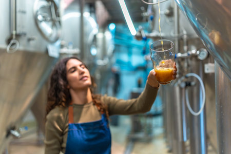 Female brewer wearing an apron, carefully pouring freshly brewed craft beer into a glass for a quality control taste test inside a modern brewery with stainless steel tanksの写真素材