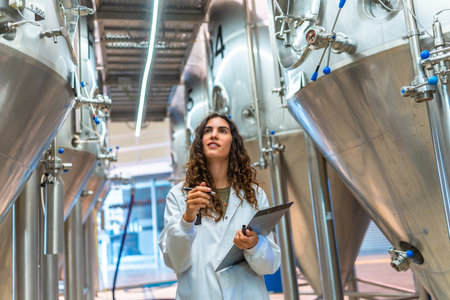 Woman wearing a lab coat holding a clipboard and pen, working in a modern brewery, inspecting...