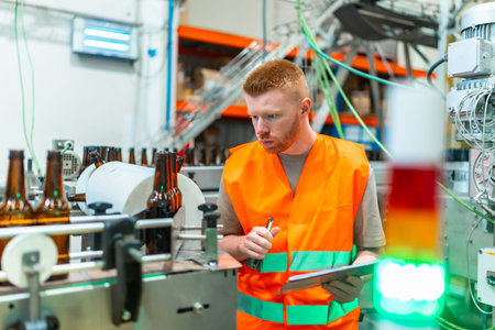 Young man in safety vest checking beer bottles on a factory conveyor belt, performing quality...