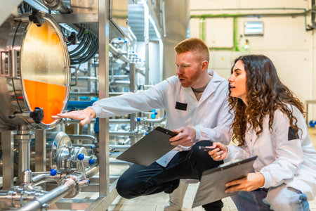 Two professional brewery workers wearing lab coats examining the liquid level inside a stainless steel tank, collaborating and discussing the quality control process in a modern beverage factoryの写真素材