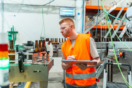 Industrial worker wearing safety vest checking quality of bottles on a beverage factory automated conveyor belt, ensuring efficient labeling and packaging processの写真素材