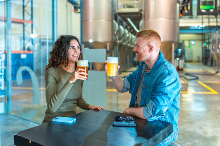 Two friends clinking glasses of craft beer during a tasting at a modern industrial brewery, smiling and enjoying a relaxed, social weekend experience indoorsの写真素材