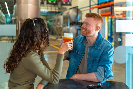 Young couple on a brewery date tasting craft beer, smiling and relaxing in a modern industrial...